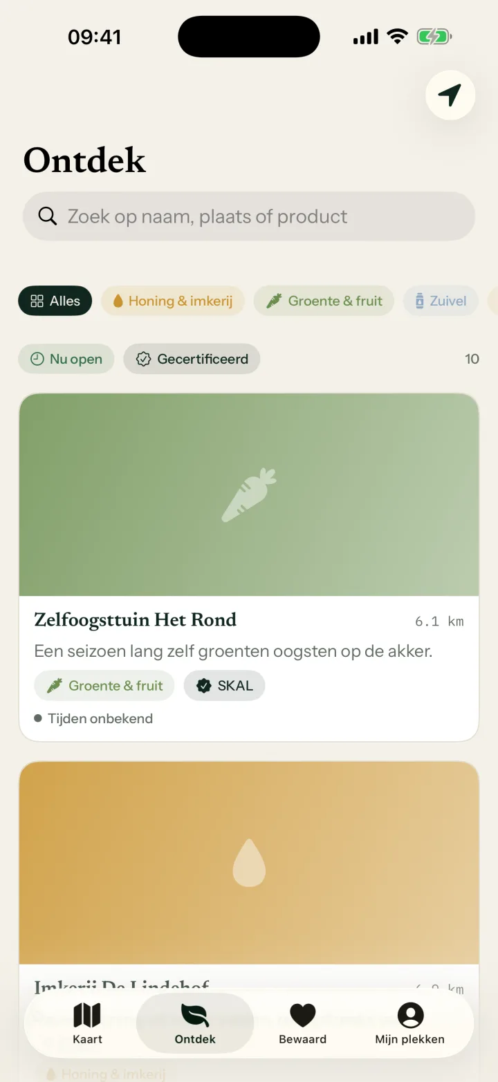 Het Ontdek-scherm met producenten gesorteerd op afstand