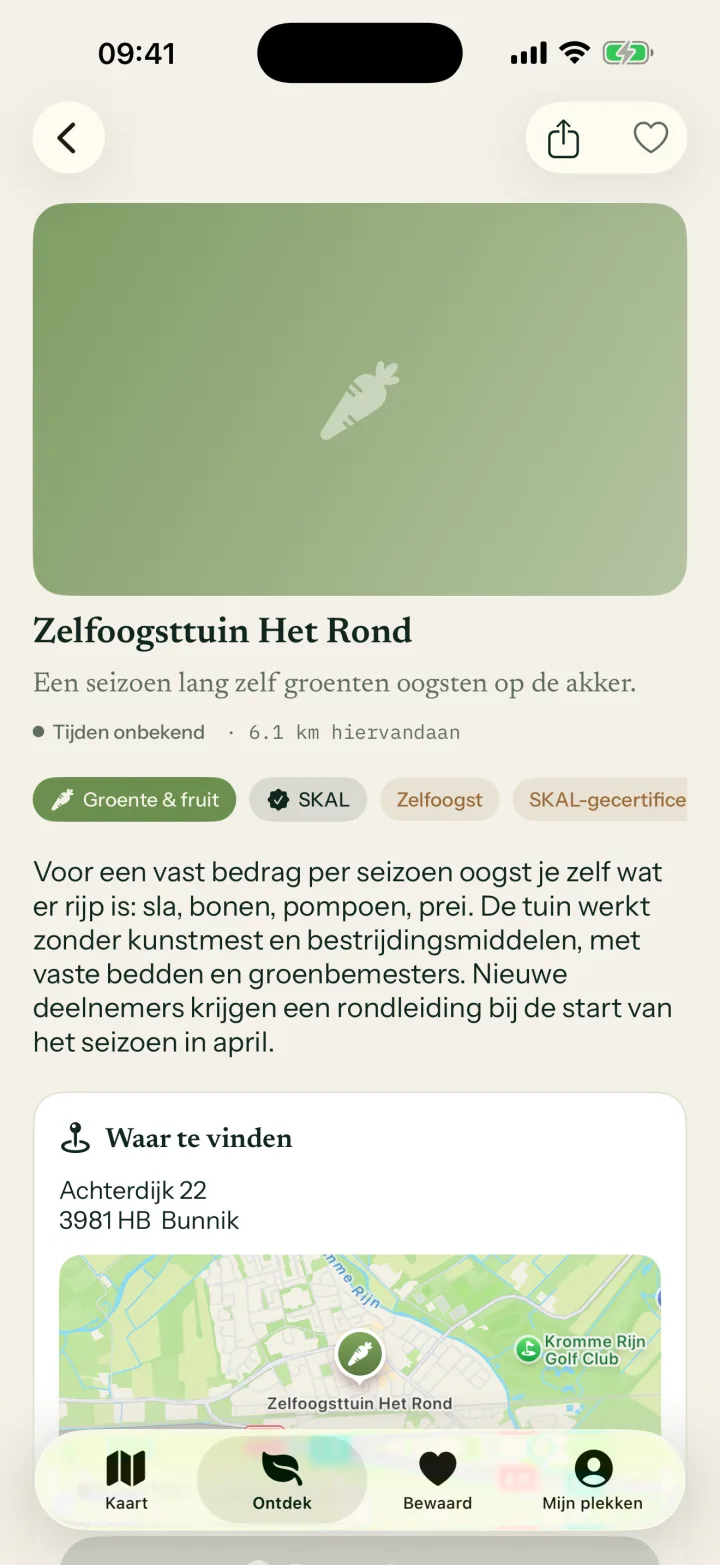 De pagina van een zelfoogsttuin met beschrijving, adres en kaart